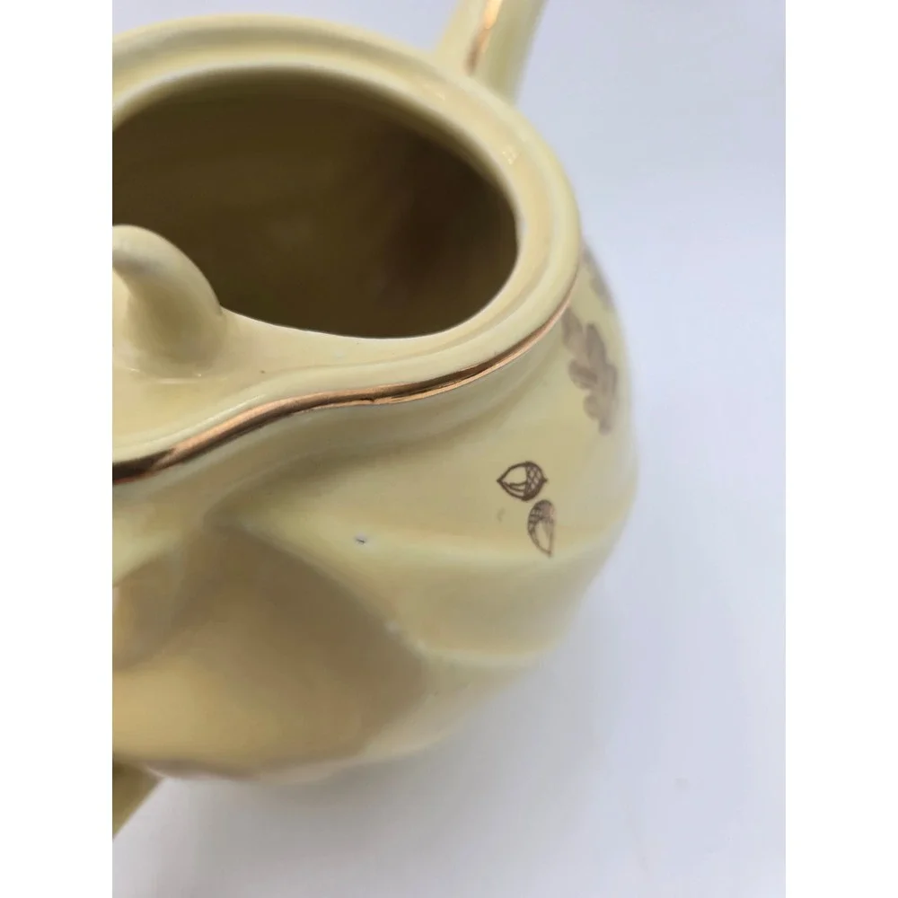 Hall China Yellow Teapot Gold‎ Leaf Acorn Swirl Pattern Vintage Ceramic